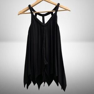 NEW Sky Black Braided Handkerchief Sharkbit Hem Caged Back Tank Top Medium